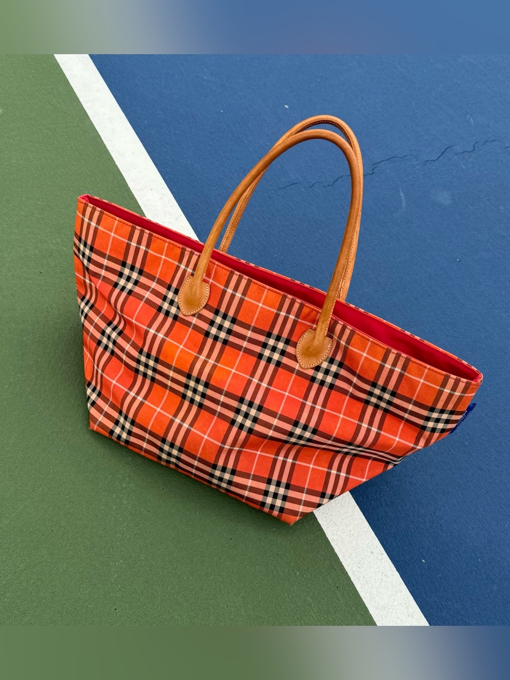 Burberry Orange Plaid Tote Bag with Tan Handles